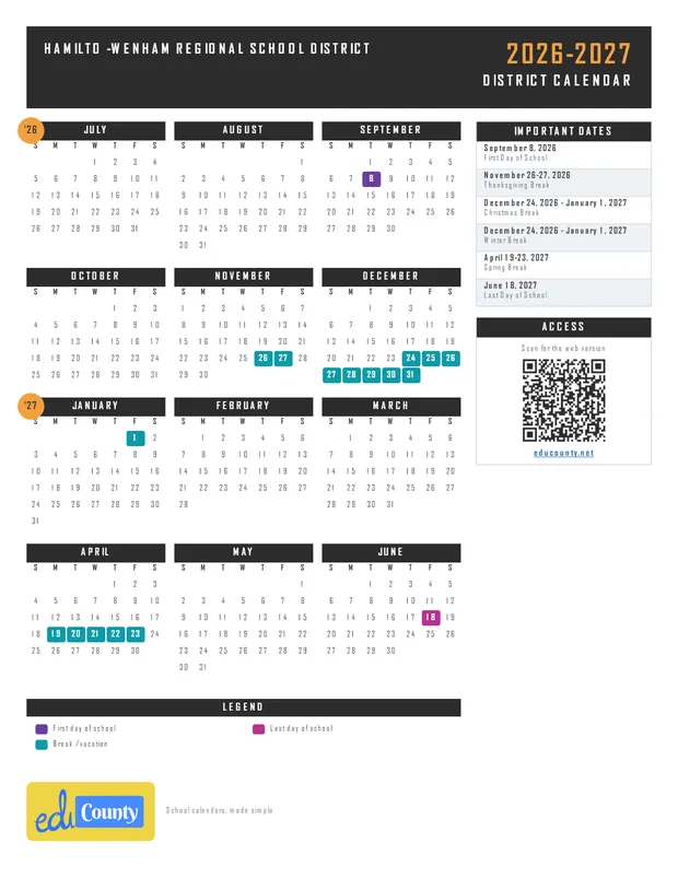 Hamilto -Wenham Regional School District printable 2026-27 calendar