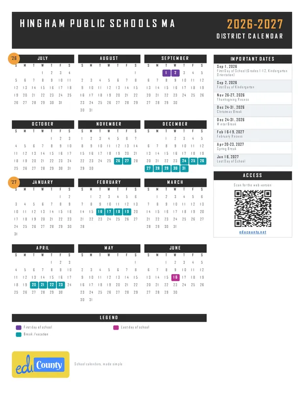 Hingham Public Schools printable 2026-27 calendar