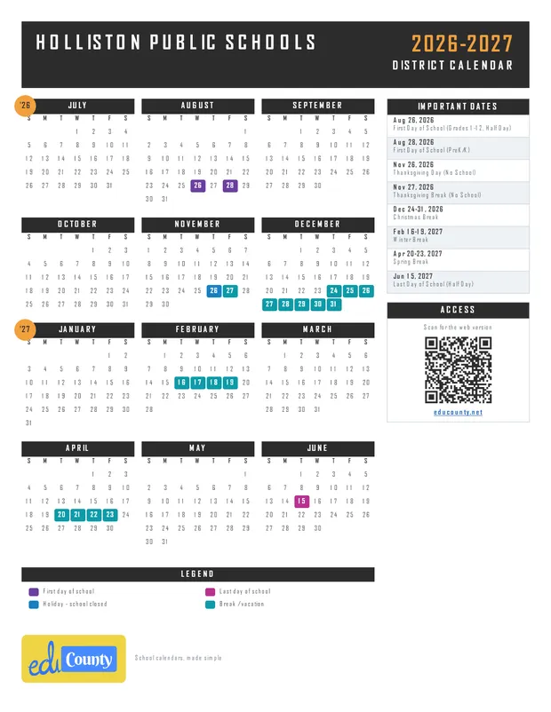Holliston Public Schools printable 2026-27 calendar