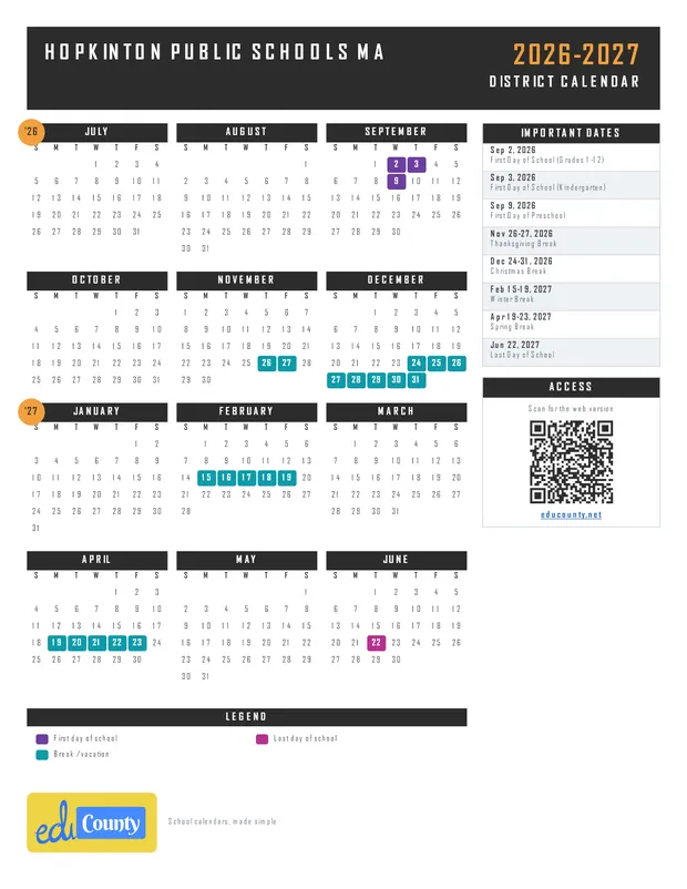 Hopkinton Public Schools printable 2026-27 calendar