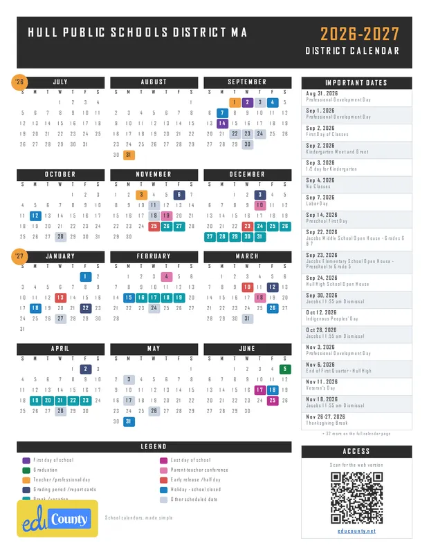 Hull Public Schools District printable 2026-27 calendar