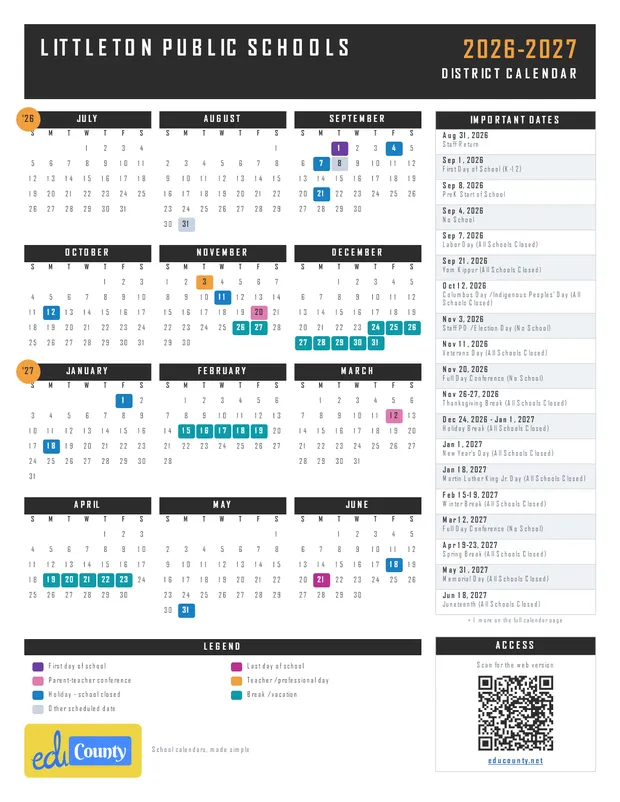 Littleton Public Schools printable 2026-27 calendar