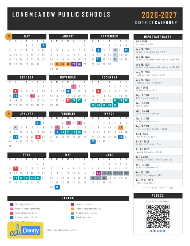 Longmeadow Public Schools printable 2026-27 calendar