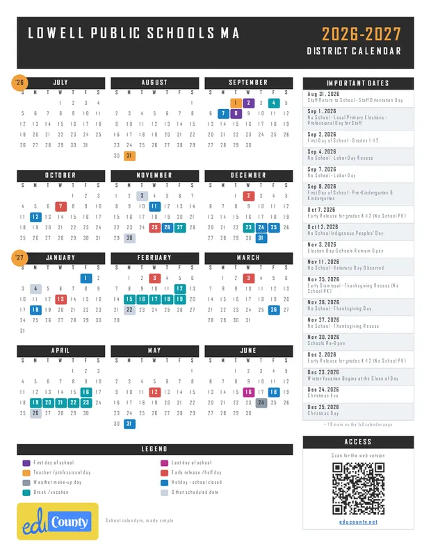 Lowell Public Schools printable 2026-27 calendar