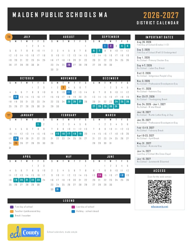 Malden Public Schools printable 2026-27 calendar