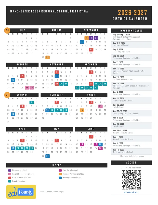 Manchester Essex Regional School District printable 2026-27 calendar