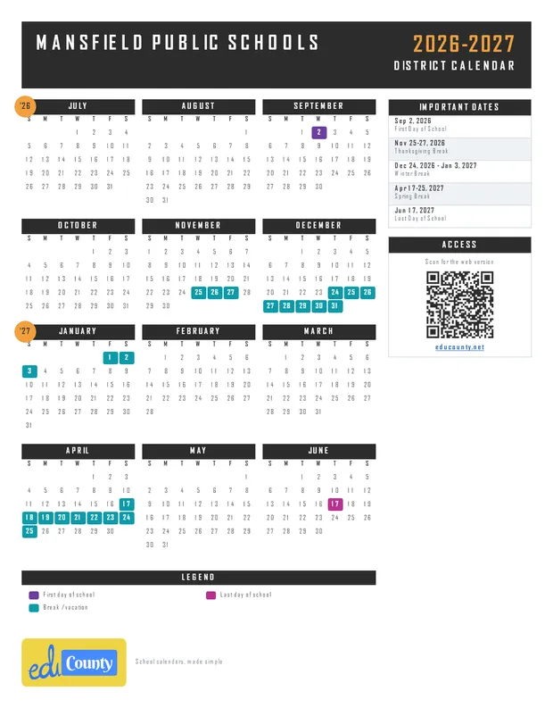 Mansfield Public Schools printable 2026-27 calendar