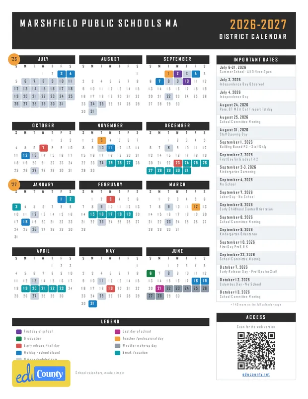 Marshfield Public Schools printable 2026-27 calendar