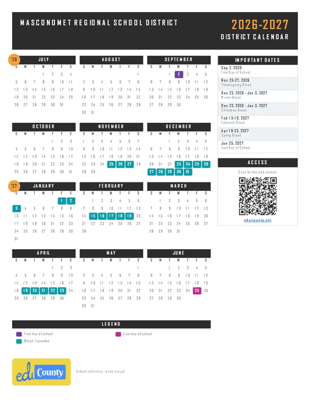 Masconomet Regional School District printable 2026-27 calendar