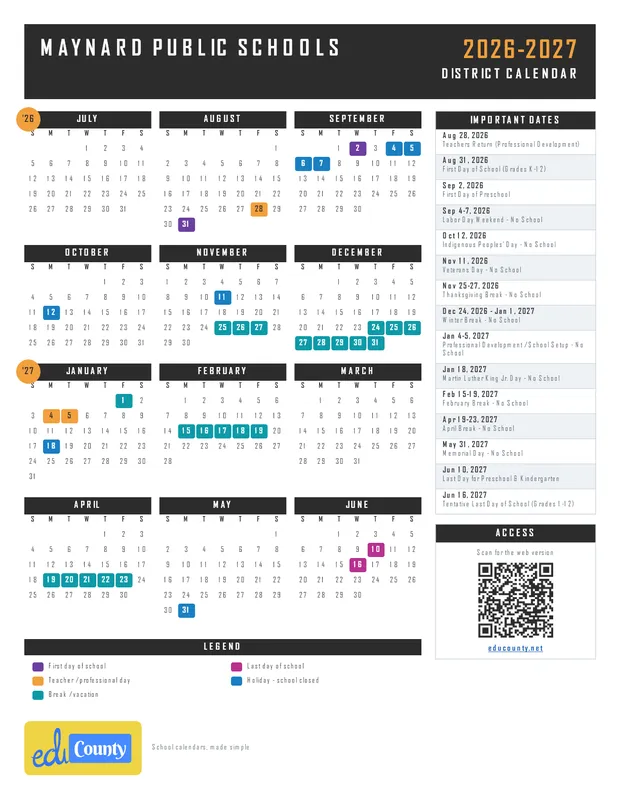 Maynard Public Schools printable 2026-27 calendar