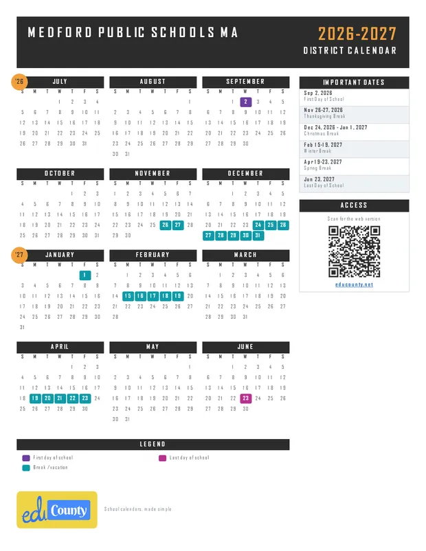 Medford Public Schools printable 2026-27 calendar