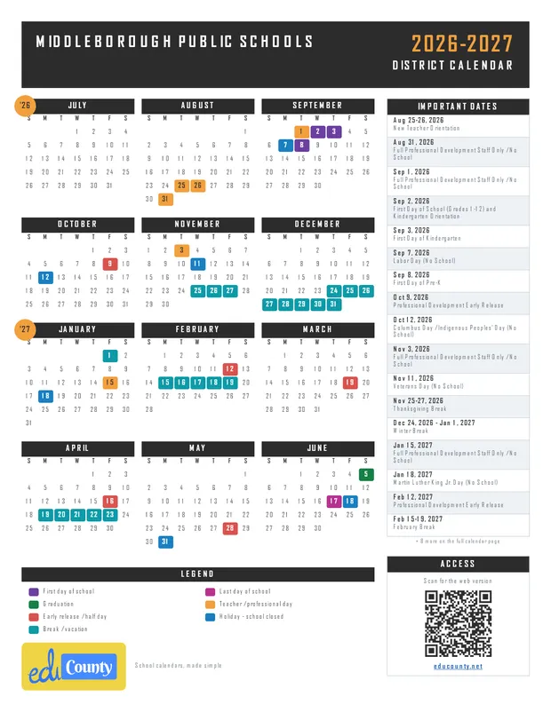 Middleborough Public Schools printable 2026-27 calendar