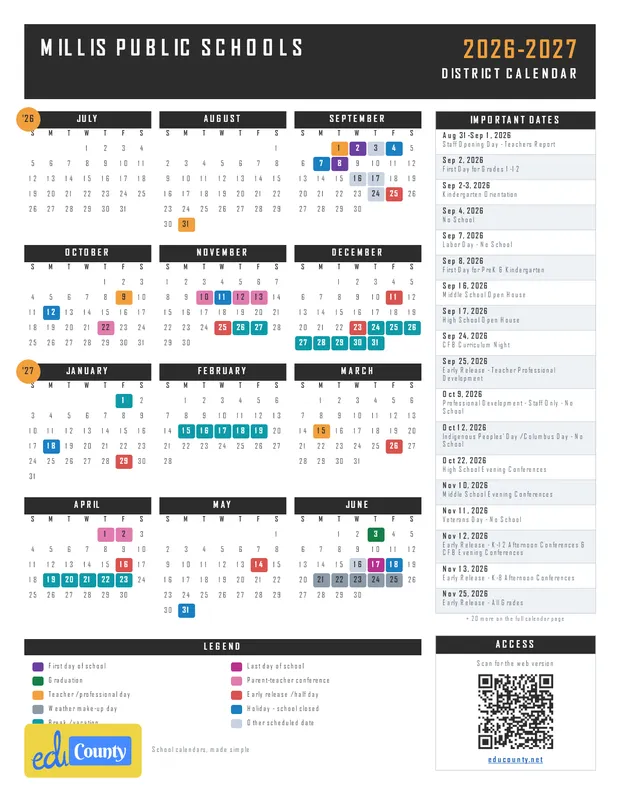 Millis Public Schools printable 2026-27 calendar