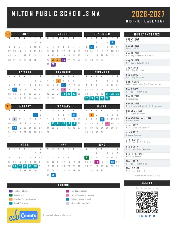 Milton Public Schools printable 2026-27 calendar