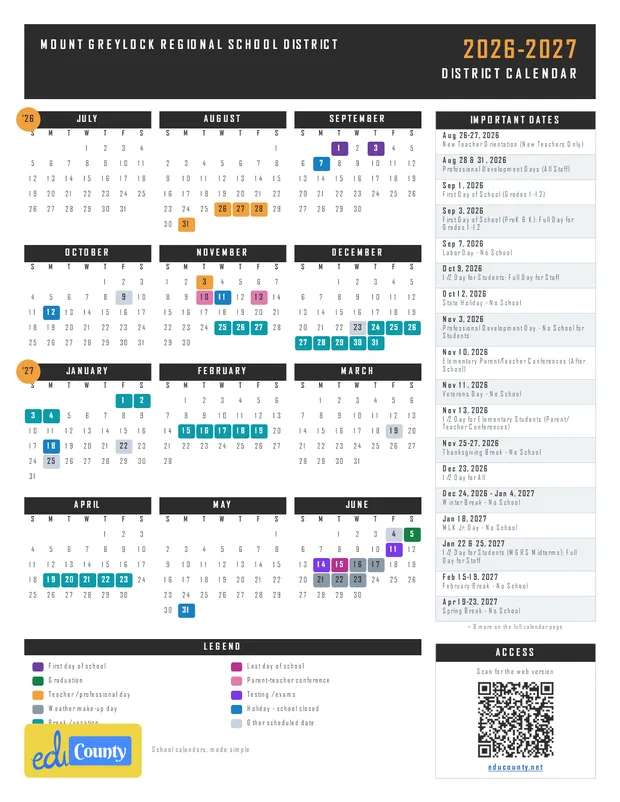 Mount Greylock Regional School District printable 2026-27 calendar