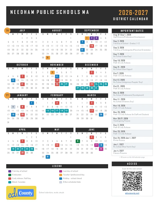Needham Public Schools printable 2026-27 calendar