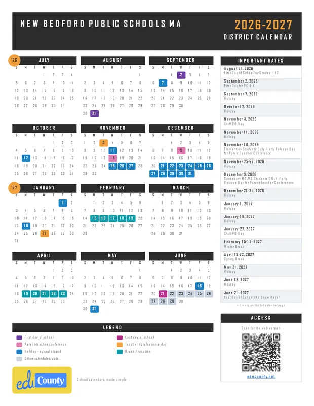 New Bedford Public Schools printable 2026-27 calendar