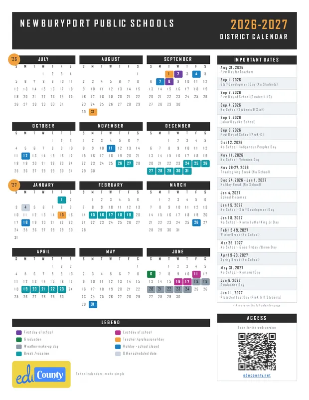Newburyport Public Schools printable 2026-27 calendar