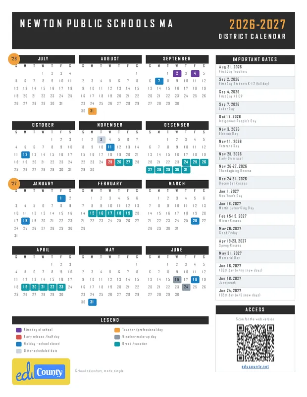 Newton Public Schools printable 2026-27 calendar