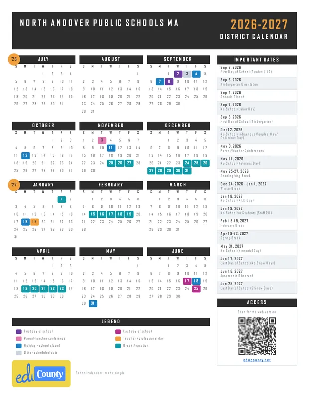 North Andover Public Schools printable 2026-27 calendar