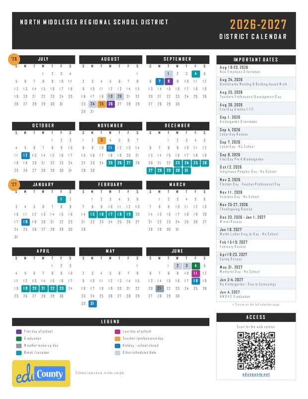 North Middlesex Regional School District printable 2026-27 calendar