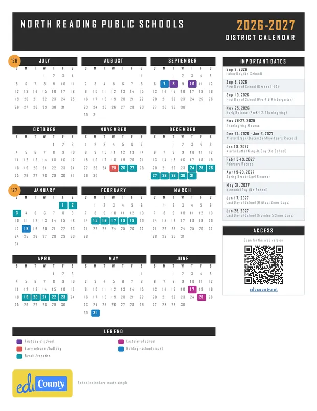 North Reading Public Schools printable 2026-27 calendar