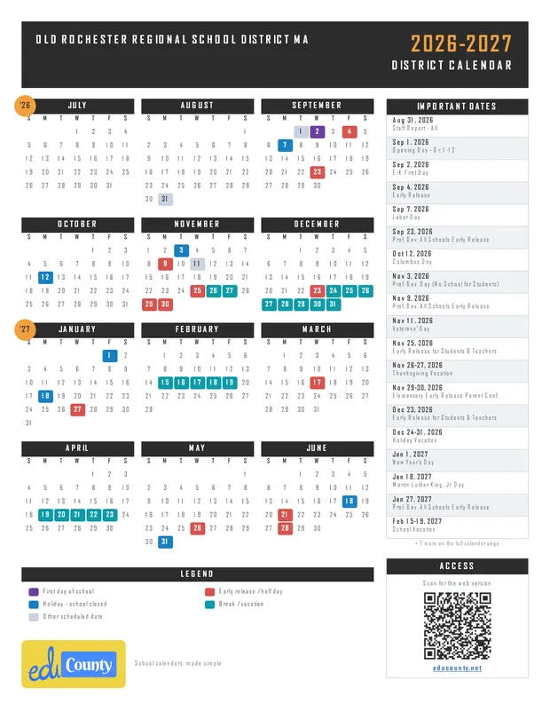 Old Rochester Regional School District printable 2026-27 calendar