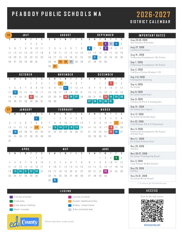 Peabody Public Schools printable 2026-27 calendar