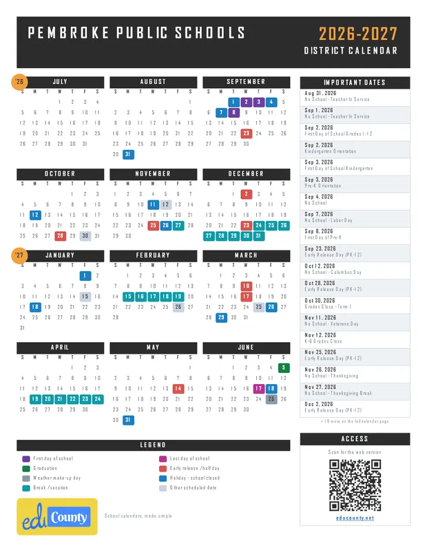 Pembroke Public Schools printable 2026-27 calendar