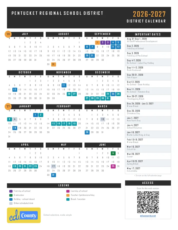Pentucket Regional School District printable 2026-27 calendar