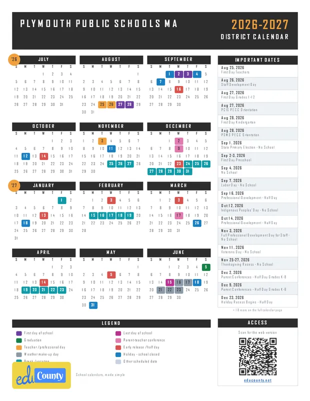 Plymouth Public Schools printable 2026-27 calendar
