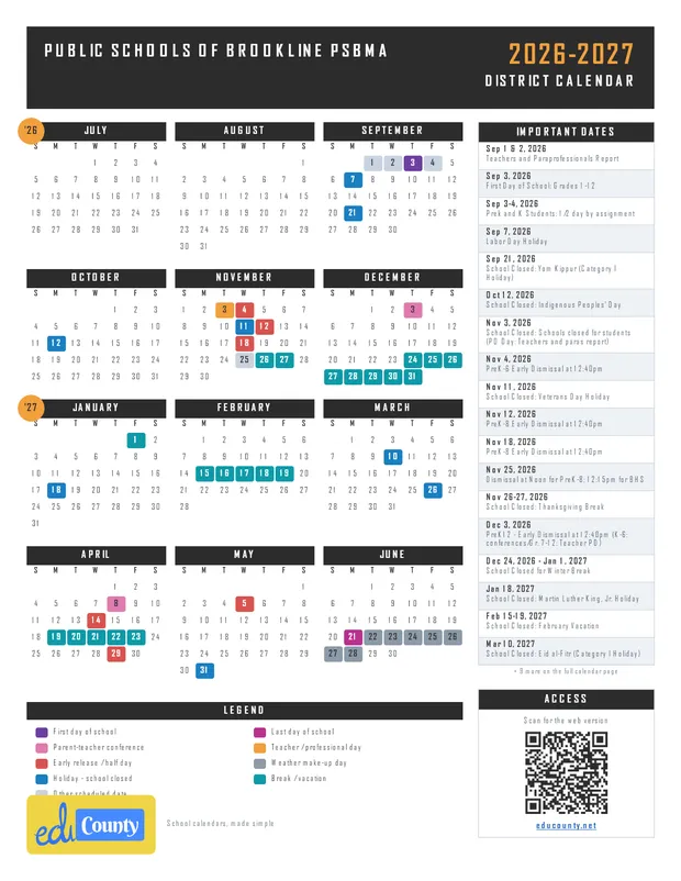 Public Schools of Brookline PSBMA printable 2026-27 calendar