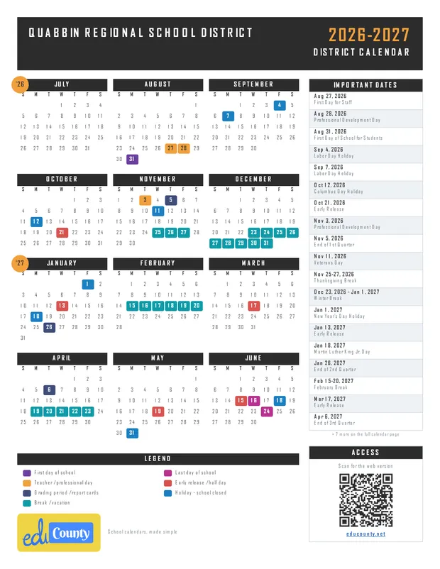 Quabbin Regional School District printable 2026-27 calendar