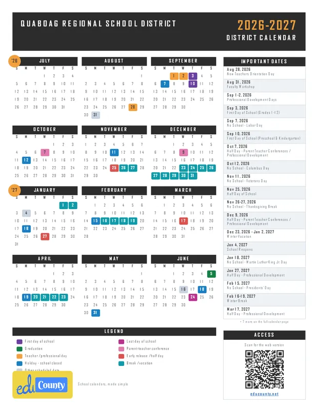 Quaboag Regional School District printable 2026-27 calendar