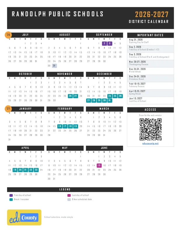 Randolph Public Schools printable 2026-27 calendar