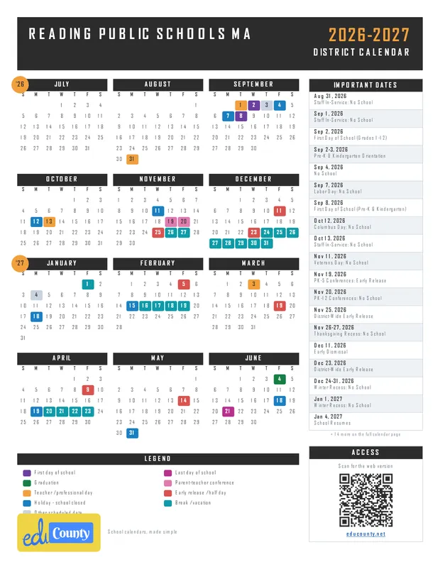 Reading Public Schools printable 2026-27 calendar