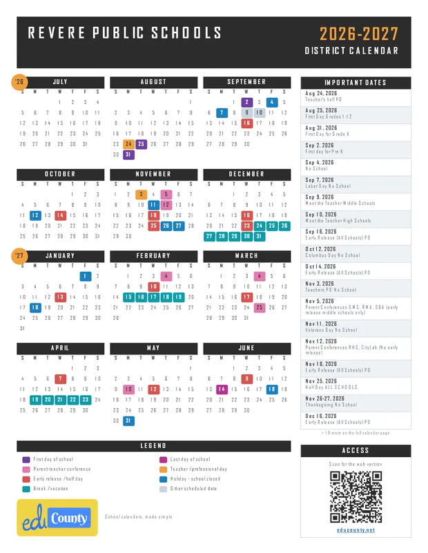 REVERE PUBLIC SCHOOLS printable 2026-27 calendar