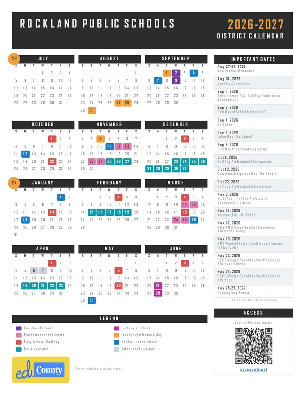 Rockland Public Schools printable 2026-27 calendar