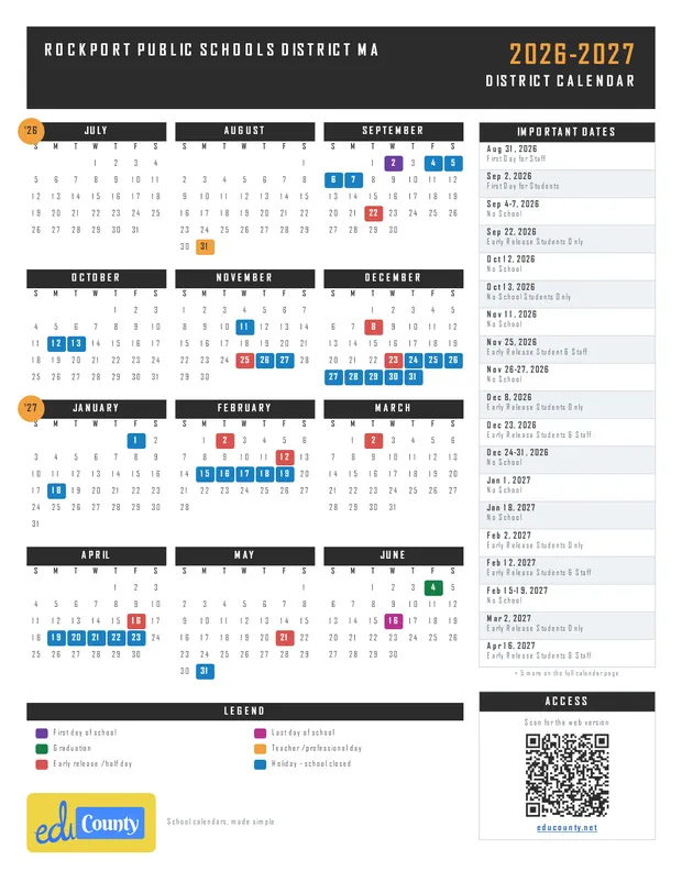 Rockport Public Schools District printable 2026-27 calendar