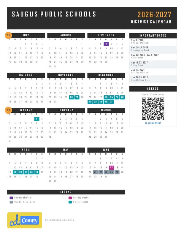 Saugus Public Schools printable 2026-27 calendar