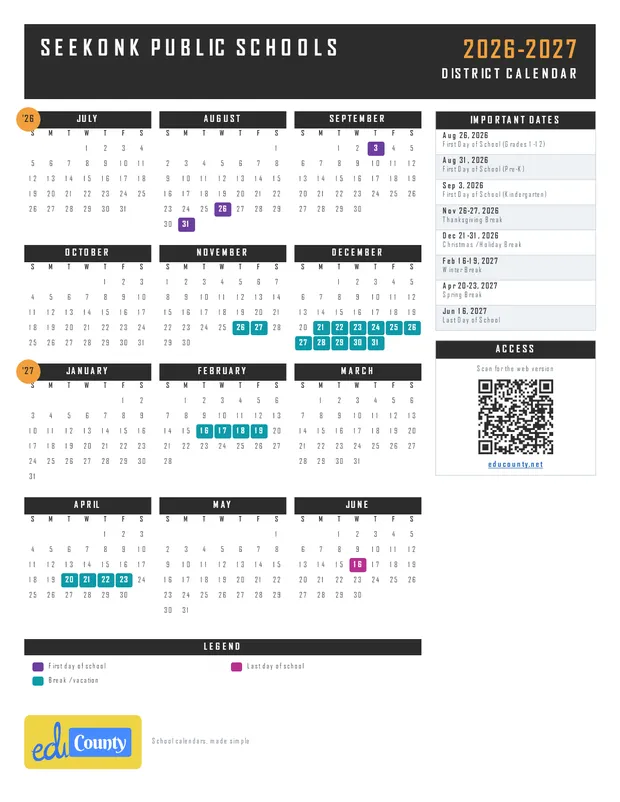 Seekonk Public Schools printable 2026-27 calendar
