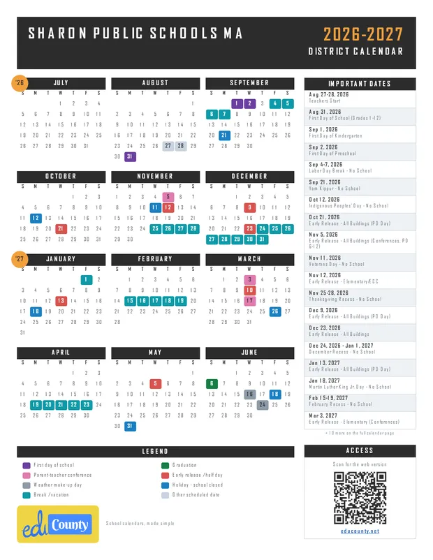 Sharon Public Schools printable 2026-27 calendar
