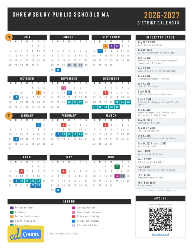 Shrewsbury Public Schools printable 2026-27 calendar