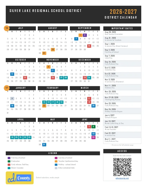 Silver Lake Regional School District printable 2026-27 calendar