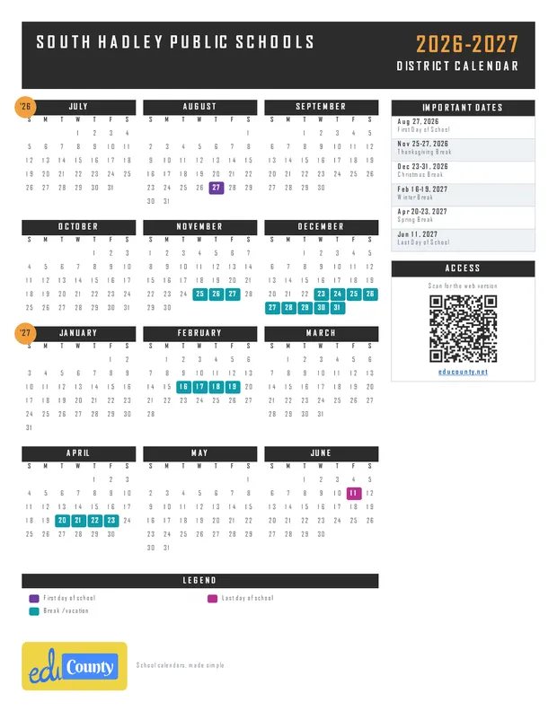 South Hadley Public Schools printable 2026-27 calendar