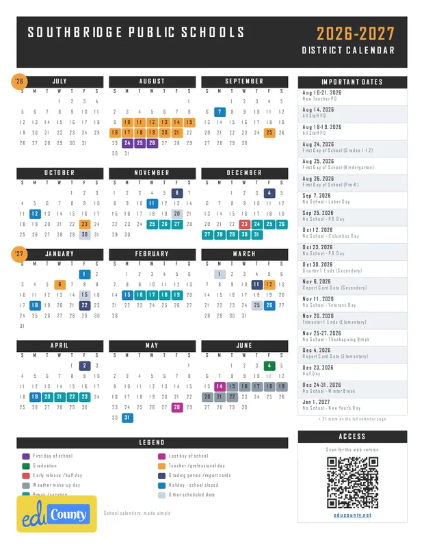 Southbridge Public Schools printable 2026-27 calendar