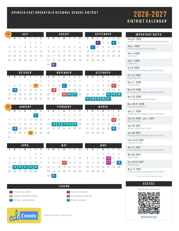 Spencer-East Brookfield Regional School District printable 2026-27 calendar