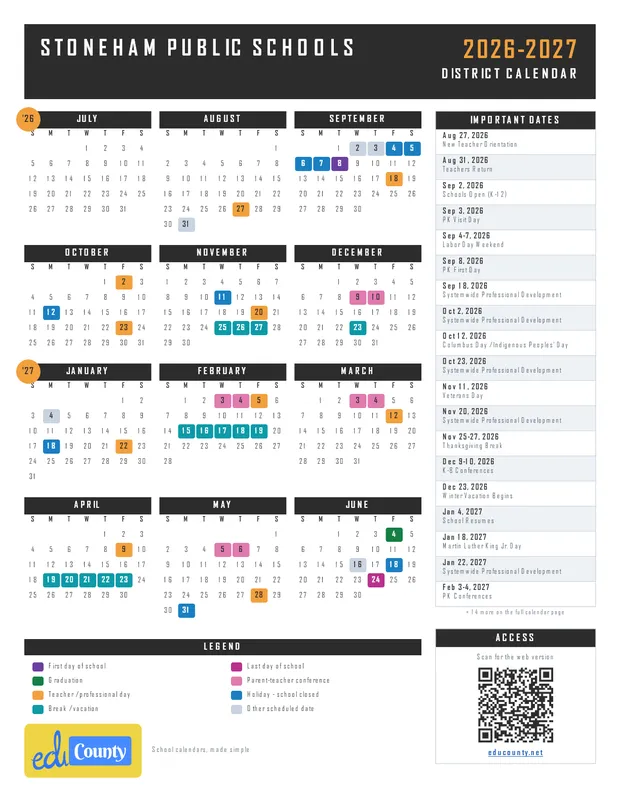 Stoneham Public Schools printable 2026-27 calendar
