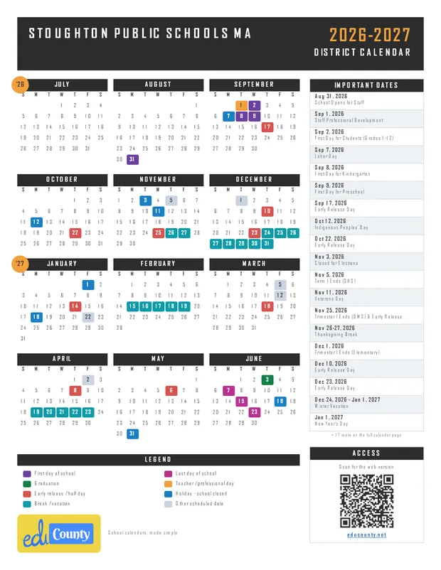 Stoughton Public Schools printable 2026-27 calendar