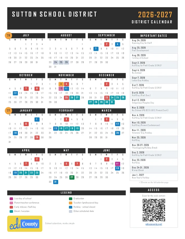 Sutton School District printable 2026-27 calendar